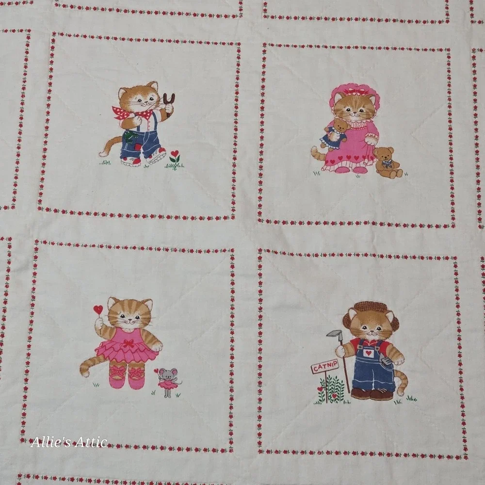 Vintage Cat Quilt Hand Made Patch Work Colorful Throw Blanket Anthropomorphic